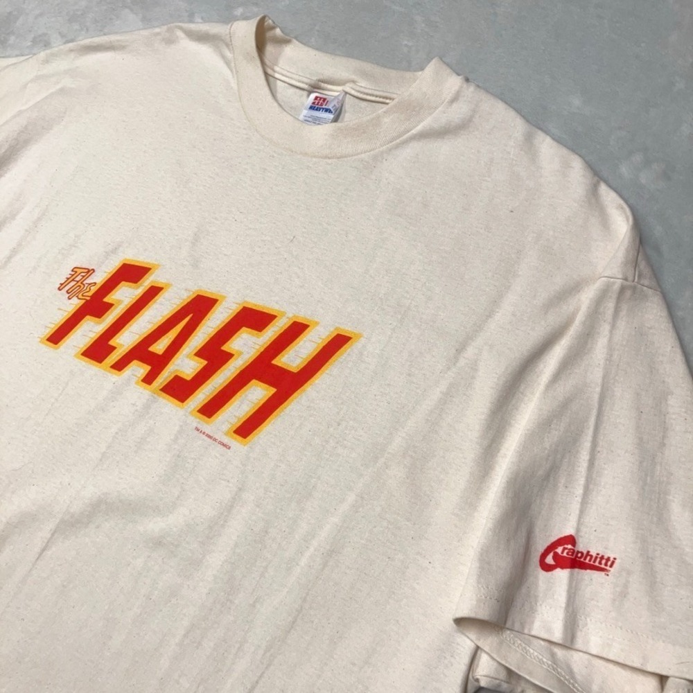 Vintage 2000 FLASH Graphitti T-Shirt Men's XXL Cream DC Comics Tee Y2K‎